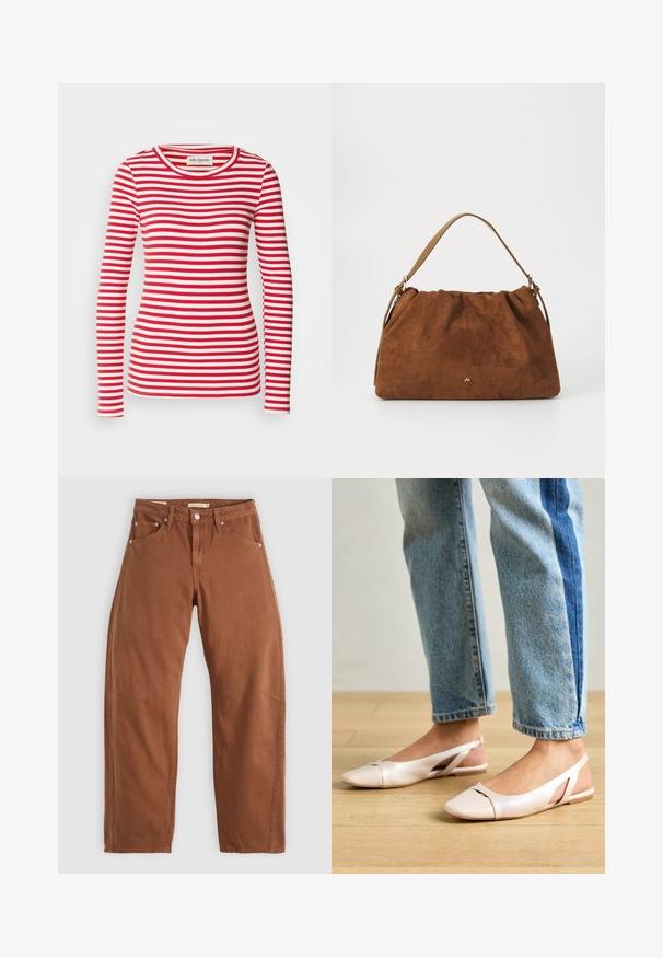 Roter und weiß gestreifter Langarmoberteil mit rundem Ausschnitt. Ribbelstrucktur über das gesamte Oberteil. Etikett sichtbar am Ausschnitt.; Rostbraune gerade geschnittene Jeans mit Vorder- und Hintertaschen, Metallnieten, Knopfverschluss und Gürtelschlaufen, flach auf einem weißen Hintergrund ausgelegt.; Blassrosa Slingback-Ballerinas mit spitzem Punkt, aus einem glatten, lederähnlichen Material. Mit Ausschnitten an den Seiten und einem flachen Absatz.; Braune Wildlederhandtasche mit einem gerafften Design, ausgestattet mit einem einzelnen hellbraunen Ledertragegurt und einem subtilen goldenen Logo-Detail auf der Vorderseite.