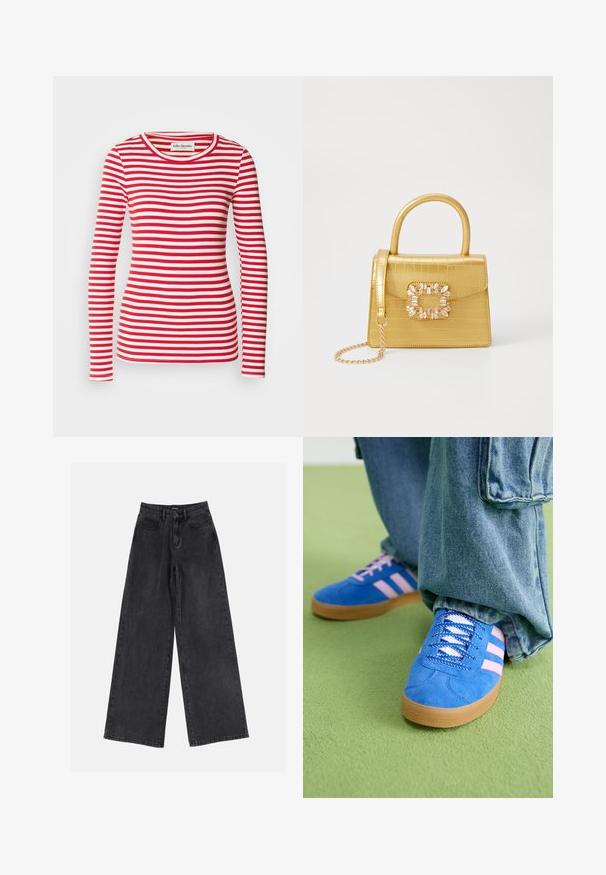 Dugi rukav majica s crveno-bijelim prugama i okruglim izrezom. Cjelovit rebrasti uzorak. Oznaka vidljiva na izrezu.; Crne široke traperice s visokim strukom, klasičnim dizajnom s pet džepova i suptilnim izbljeđivanjem. Izdržljiv materijal s glatkom teksturom.; Plave zamšne cipele s ružičastim prugama i bijelim vezicama, s gumenim potplatom, u kombinaciji s širokim trapericama na zelenoj podlozi.; Žuta torbica od umjetnog krokodila sa strukturiranim dizajnom, gornjom ručkom, odvojivim lančićem i dekorativnim kristalnim ukrasom na kopči.
