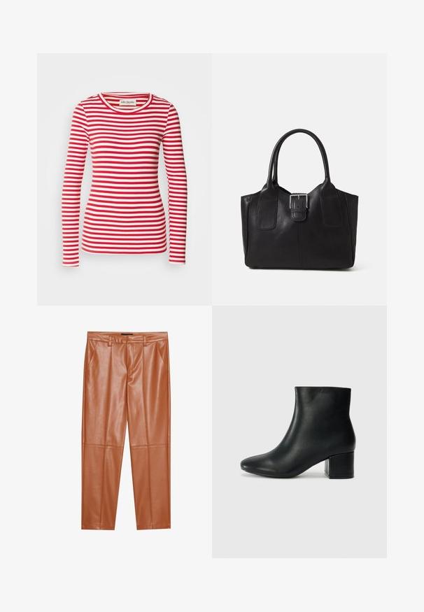 Roter und weiß gestreifter Langarmoberteil mit rundem Ausschnitt. Ribbelstrucktur über das gesamte Oberteil. Etikett sichtbar am Ausschnitt.; Braune Kunstlederhosen mit tailliertem Schnitt, versehen mit vorderen Falten und geraden Beinen. Glatte Textur ohne sichtbare Hardware oder Akzente.; Schwarze Leder-Ankle-Boots mit spitzem Zehenbereich und klobigem Absatz. Glatte Textur mit minimalen Akzenten und einem eleganten, taillierten Design.; Schwarze Leder-Tote mit glatter Textur, strukturiertem Design, zwei Griffen und einem auffälligen silbernen Schnallen-Detail auf der Vorderseite.