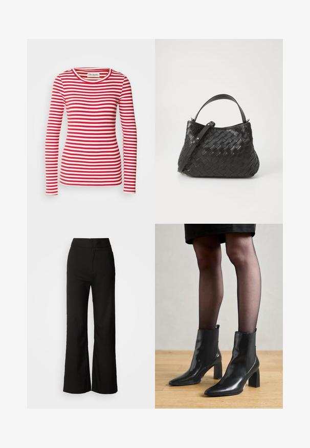 Rood-wit gestreept langemouwtop met een ronde hals. Geribbelde textuur over het hele kledingstuk. Label zichtbaar bij de halslijn.; Zwarte wijde broek met een gladde textuur, hoge taille en een strakke uitstraling. Geen zichtbare zakken of versieringen.; Zwarte leren enkellaarsjes met een spitse neus, stevige vierkante hak en een fraaie uitstraling. Beschikt over elastische zijpanelen voor gemakkelijke aan- en uittrekken.; Zwarte geweven leren handtas met een ronde vorm, voorzien van een handvat en een afneembare schouderriem. Gladde textuur en subtiele stiksels.; Zilveren oorbellen in de vorm van een gladde, gepolijste ring. Ronde vorm met een veilige kliksluiting. Lichtgewicht ontwerp, geschikt voor dagelijks gebruik.