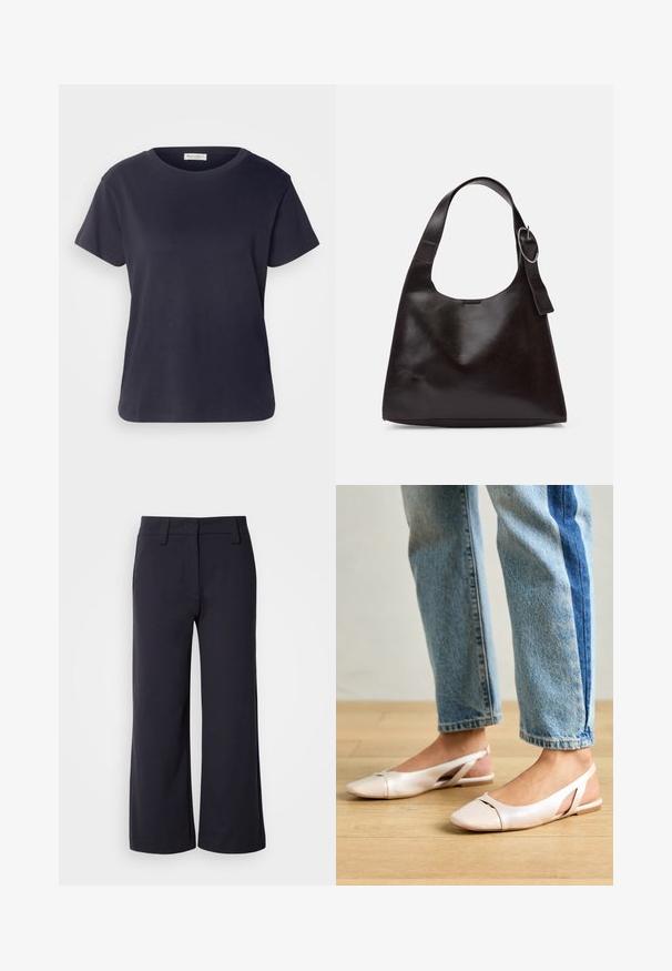 T-shirt de algodão azul-marinho com decote redondo, mangas curtas e um corte descontraído. Textura suave e design minimalista, sem padrões visíveis.; Calças largas de tecido azul marinho escuro. Apresentam uma frente lisa, passantes para cinto e bolsos laterais. O material é suave com um ligeiro alongamento.; Sapatilhas slingback de cor rosa pálido com bico fino, feitas de um material semelhante a couro liso. Apresentam detalhes recortados nas laterais e um salto plano.; Bolsa de ombro em pele castanha com uma textura suave, forma arredondada, alça larga e um detalhe metálico circular na pega.