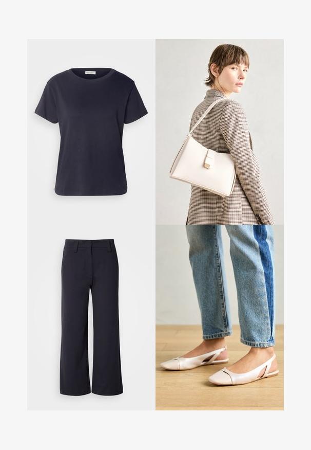 Navy blue cotton T-shirt with a round neckline, short sleeves, and a relaxed fit. Smooth texture and minimalist design, no visible patterns.; Wide-leg trousers in dark navy fabric. Features a flat front, belt loops, and side pockets. The material is smooth with a slight stretch.; Pale pink slingback flats with a pointed toe, made from a smooth leather-like material. Features cut-out details at the sides and a flat heel.; White leather handbag with a structured design, featuring a magnetic clasp and a shoulder strap, showcased against a neutral background.