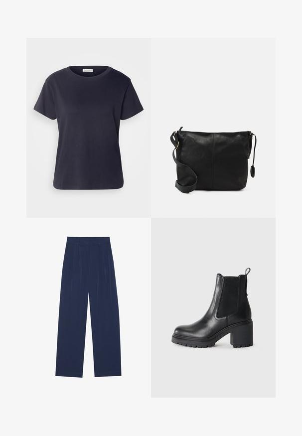 Marineblå bomulds-T-shirt med rund halsudskæring, korte ærmer og en afslappet pasform. Glat tekstur og minimalistisk design, ingen synlige mønstre.; Marineblå bredbenede bukser lavet af blød stof, med frontfolder, en glat tekstur og en lige pasform uden synlige lommer.; Sorte læder ankelstøvler med en kraftig hæl, elastiske sidedele og en trækhank bagpå. Struktureret sål for ekstra greb.; Sort læder crossbody taske med flad form, guld hardware detaljer og justerbar skulderrem. Glat tekstur med minimale syninger.