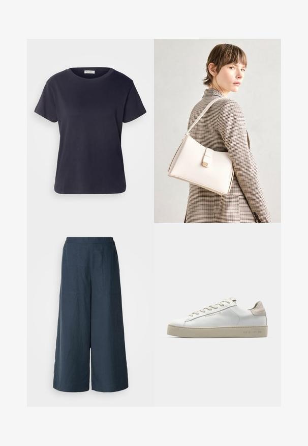 Laivansinis puuvillainen T-paita, jossa on pyöreä kaula-aukko, lyhyet hihat ja rento istuvuus. Suora pinta ja minimalistinen muotoilu, ei näkyviä kuvioita.; Navy blue leveleggsbukser laget av lett materiale. Har en litt strukturert overflate, elastisk midjebånd og foran sømmer.; Valkoinen nahkakenkä, jossa on sileä pinta, beige mokkanahkavivahteita, pyöreä kärki, litteä nauhattava malli ja teksturoitu kumipohja.; Valkoinen nahkainen käsilaukku, jossa on jämäkkä muotoilu, magneettinen suljin ja olkahihna, esillä neutraalilla taustalla.
