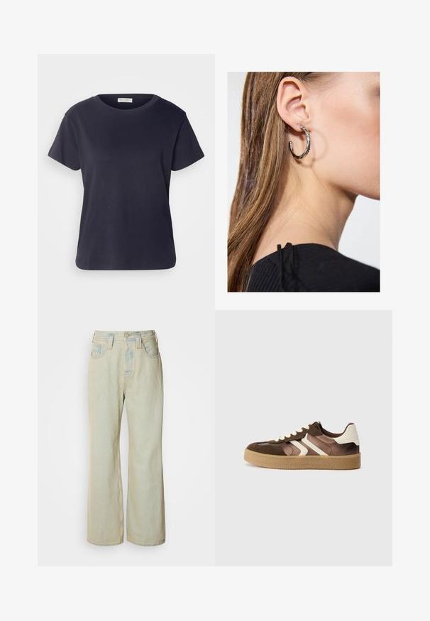 Námořnická modrá bavlněná tričko s kulatým výstřihem, krátkými rukávy a volným střihem. Hladký povrch a minimalistický design, bez viditelných vzorů.; Světle modré džínové kalhoty s širokým střihem, vyrobené z denimu, s vysokým pasem, pěti kapsami a jemným vyšisováním s kontrastním prošíváním.; Hnědé a krémové tenisky s kombinací semiše a saténu, které mají tři diagonální pruhy a texturovanou gumovou podrážku.; Stříbrný kruhový náušník s lesklým povrchem, zdobený malými zlatými akcenty, v kulatém tvaru, nošený na lalůčku.