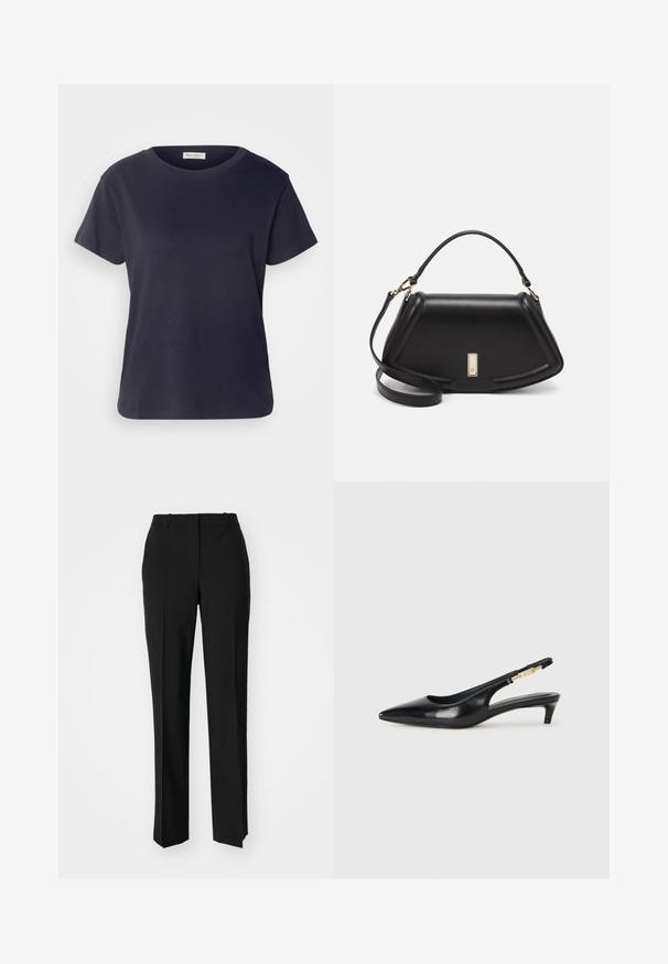Marineblaues Baumwoll-T-Shirt mit Rundhalsausschnitt, kurzen Ärmeln und lockerer Passform. Glatte Textur und minimalistisches Design, keine sichtbaren Muster.; Schwarze, taillierte Hose mit geradem Bein, aus einem glatten Stoff und mit klaren Falten an der Vorderseite. Keine sichtbare Hardware.; Schwarze Leder-Slingback-Pumps mit spitzem Schuhblatt, ausgestattet mit einem schlanken Absatz und einem goldfarbigen Akzent am verstellbaren Riemen. Glatte Textur.; Schwarze Lederhandtasche mit einem strukturierten Design, das eine verkürzte Form, einen oberen Griff und goldfarbene Hardware-Details aufweist. Verstellbarer Schulterriemen ist enthalten.