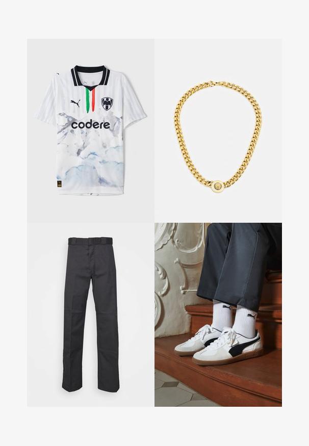 Balta futbolo marškinėliai su juodais akcentais, pasižymintys dryžuota raštine ir akvarelės kalnų dizainu. Įtraukti žali, balti ir raudoni vertikalūs dryžiai.; Juodos kelnės, pagamintos iš patvarios medžiagos, su tiesiais kaire, juosmeniu su diržo kilpomis ir siūlėmis, suteikiančiomis tekstūrą.; Puma sportbačiai baltoje ir juodoje zomšo spalvų derinys, su rudu guminio pado apdaila. Derinama su baltais kojiniais, kuriuose pavaizduota juoda logotipas, dėvimi su tamsiomis kelnėmis.; Auksinė grandinė su dideliais susijungusiais žiedais, centruje uždedamas apskritas pakabukas su iškilnia emblema.