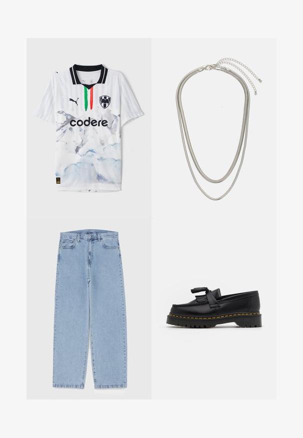 Valge jalgpallipaita mustade aktsentidega, millel on triibuline muster ja akvarellmaaline mägedeskeem. Sisaldab rohelisi, valgeid ja punaseid vertikaalseid triipe.; Heled sinise denimi sirgete põlvede lõikega teksad, millel on keskmise kõrgusega vöökoht, viis taskut ning nööbid ja tõmblukk.; Mustmust musta loafer, millel on frantsiisi aktsent, paks must tald ja kollane õmblus servas. Tekstuuriga viimistlus.; Kolmekihiline hõbedane metallkaelakee, mis on valmistatud peentest, paindlikest kettidest kerge läikega, kinnitatud krabi sulguri ja reguleeritava ketiga.