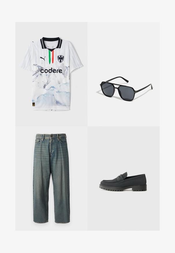 Fehér focimez fekete kiegészítőkkel, csíkos mintázattal és akvarell hegyi dizájnnal. Zöld, fehér és piros függőleges csíkokat tartalmaz.; Világoskék farmernadrág, laza fazonnal, közepes derékbőséggel és egyenes szárral. Öt zsebet, övbucskát és gombos záródást tartalmaz.; Fekete loafer cipő sima, matt felülettel, lekerekített orral és vastag, textúrált talppal. Elől csíkkal díszített.; Fekete napszemüveg nyolcszögletű kerettel, sötét lencsékkel, fényes felülettel, vékony szárakkal és arany díszítéssel az elülső részén.