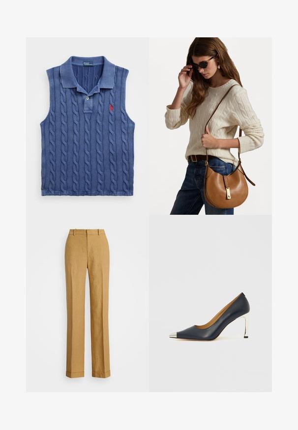 Polo Ralph Lauren COTTON SLEEVELESS POLO SHIRT - Pólóing - blue yacht; Polo Ralph Lauren YARD LINEN FULL FLAT FRONT - Nadrágok - sand dune; Tengerészkék bőrből készült magas sarkú cipő hegyes orral, ezüst metál kötéssel és fényes ezüst magas tűsarokkal.; Barna bőr válltáska ívelt formával és arany színű részletekkel. A modell krémszínű, kötött pulóvert és kék farmert visel.