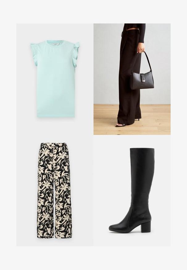 Jasnoniebieska bawełniana koszulka z krótkimi falbaniastymi rękawami, okrągłym dekoltem i prostym dołem. Gładka tekstura, prosty krój, brak wzorów lub grafik.; Czarne spodnie wide-leg z kremowym kwiatowym wzorem. Wykonane z lekkiego materiału, o gładkiej teksturze i wysokim staniku.; Czarne skórzane kozaki do kolan o gładkiej fakturze, zaokrąglonym nosku, bocznej panels i masywnym obcasie.; Czarna torebka o usztywnionym kształcie, gładkiej fakturze i metalowym zapięciem. Połączona z szerokimi czarnymi spodniami i sandałami na otwartym palcu na drewnianej podłodze.