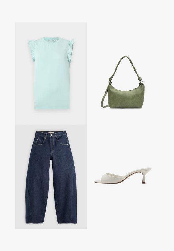 Himmelblaues Baumwoll-T-Shirt mit kurzen Rüschensleeves, rundem Halsausschnitt und geradem Saum. Glatte Textur, schlichtes Design, keine Muster oder Grafiken.; Dunkelblaue Denim-Jeans mit lockerer Passform, heller Naht, fünf Taschen und einem Knopfverschluss am Bund.; Weiße, offene High-Heel-Mules mit glatter Oberfläche, minimalistischer Gestaltung und schlankem Absatz, ausgestattet mit einem subtilen braunen Akzent auf der Sohle.; Grüne Lederhandtasche mit glatter Textur, gebogenem Design und geflochtenem Griff. Verfügt über einen Reißverschluss und einen verstellbaren Riemen.