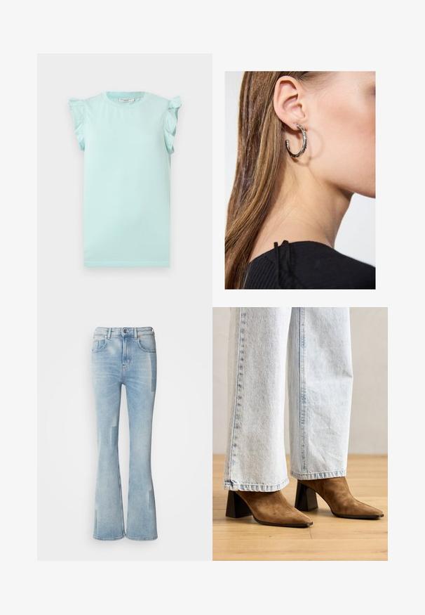 Svetlo teal bombažna majica s kratkimi nabrano rokavi, okroglo izrezom in ravnim robom. Gladka tekstura, preprost dizajn, brez vzorcev ali grafik.; Scotch & Soda THE GLOW - Kavbojke na zvonec - art from the heart; Rjave semiš gležnjarice s koničastim nosom, blok peto in gladko teksturo, v kombinaciji z svetlo modrimi širokimi hlačami.; Srebrna obročasta uhana s polirano površino, ki vključuje majhne zlate poudarke in okroglo obliko, nošena na ušesnem lobu.
