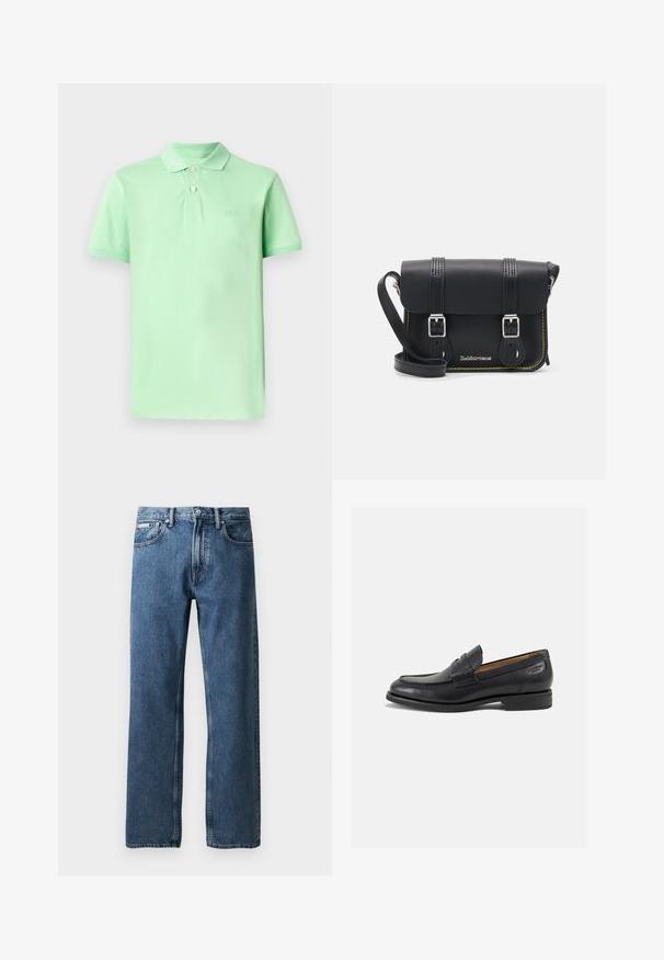 Világoszöld pamut pólóing, klasszikus gallérral, három gombos zárással és hímezett márkalogóval a bal mellrészen.; Kék egyenes szárú farmernadrág magas derékkal, gombos és cipzáras záródással, elülső zsebekkel és egy kis fehér márkacímkével a jobb zseben.; Fekete bőr loaferek sima felülettel, lekerekített orral és díszítő varrással a lábfejen. Alacsony, réteges sarkú és enyhe fényű.; Fekete bőr keresztbody táska hajtóka, két ezüst csattal, sárga varrással és állítható pánttal. Simább textúrával és kompakt formatervezéssel rendelkezik.