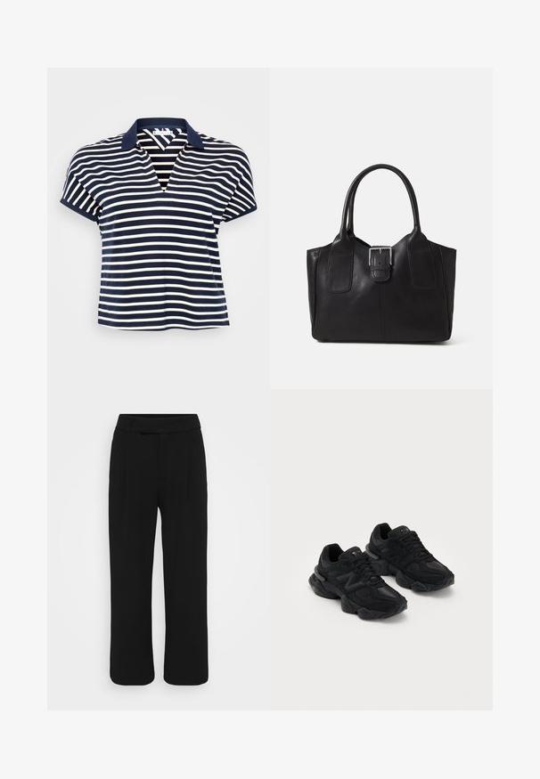 Navyja i bijela prugasta polosmajica s V-izrezom, kratkim rukavima i čvrstim navy ovratnikom. Mekani materijal s opuštenim fitom.; Mustat legginsit, joissa on leveä lahje, valmistettu sileästä kankaasta, ja joissa on tasainen etuosa, vyölenkit ja ei näkyviä taskuja. Siisti, muotoiltu muotoilu.; Mustat urheilukengät, joissa on teksturoitu päällinen, näyttävä "N"-logo, pehmustettu pohja ja tyylikäs, nykyaikainen siluetti.; Musta nahkainen olkalaukku, jossa on sileä pinta, ryhdikäs muoto, kaksi kahvaa ja silmienpistävä hopeinen solkiyksityiskohta edessä.