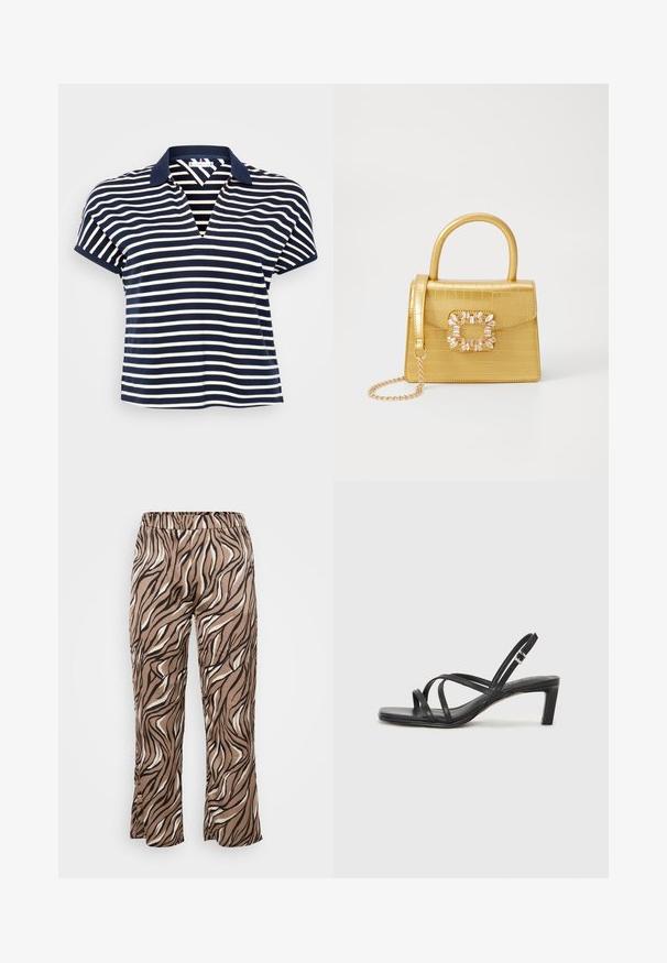 Polo rayé bleu marine et blanc avec un col en V, des manches courtes et un col bleu marine uni. Tissu doux avec une coupe décontractée.; Pantalons à rayures zèbre marron et crème avec une taille élastique, présentant une coupe ample et une texture de tissu lisse.; Sandale noire à lanières avec un bout carré et un petit talon bloc. Elle présente plusieurs fines lanières et une sangle de cheville ajustable. Fabriquée en cuir lisse.; Sac à main en faux crocodile jaune avec un design structuré, une poignée supérieure, une bandoulière en chaîne amovible, et un ornement cristallin décoratif sur le fermoir.