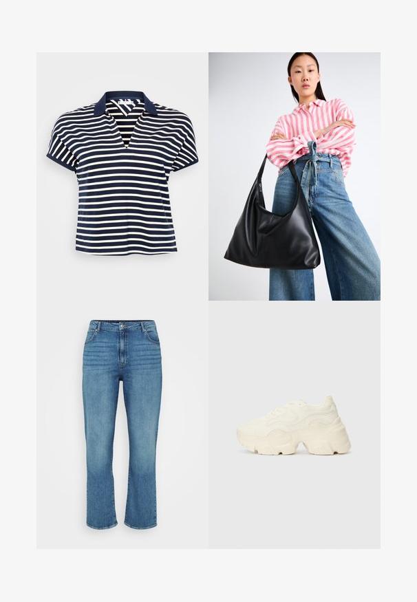 Tumesinine ja valged triibulised polo särk V-kaelusega, lühikeste varrukatega ja ühtlase tumesinise kraega. Pehme kangas ja mugav lõige.; Heledad sinine teksad sirge lahaga, viie tasku, vöökohad ja õrn pleekimine ees.; Paksud valged tennised, mis on valmistatud tekstureeritud võrgu- ja sünteetilistest materjalidest, pakuvad paksu tallaga ja keerukat mustrit külgedel.; Must musta õlakott lahtise kuju ja õmbluse detailidega. Mudel kannab roosa ja valge triibulist särki koos laia jalgadega siniste teksadega.