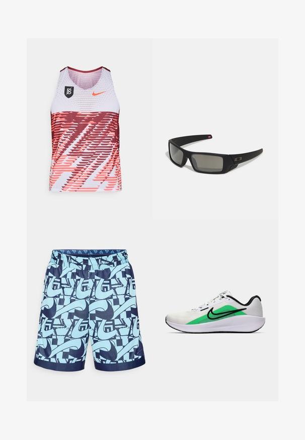 Ärmelloses Sporttanktop aus Netzstoff in rot-weißer Farbgestaltung, mit dynamischen geometrischen Mustern und einem Nike-Logo auf der Brust.; Blaue und marinefarbene Badeshorts mit einem grafischen Druck, der abstrakte Formen und Muster zeigt. Elastischer Bund mit glatter Textur und Logodetail.; Weißer Sportschuh mit grünem Akzent, schwarzem Logo, oberer Schicht aus Netzmaterial, gepolsterter Sohle und abgerundetem Absatz. Verfügt über Schnürsenkel und kontrastierende Details.; Schwarze Sonnenbrille mit matter Oberfläche, rechteckigen Gläsern, leichtem Bogen an den Schläfen, dezentem Logo-Detail und rauchgetönten Gläsern.