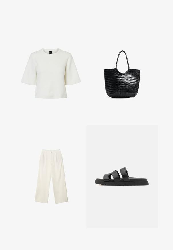 Biały, krótki top z krótkimi rękawami, z teksturowanym, prążkowanym wzorem i okrągłym dekoltem. Wykonany z miękkiego materiału. Krótki fason.; Spodnie z szerokimi nogawkami w kremowej tkaninie o gładkiej fakturze, z pojedynczym guzikiem z przodu, subtelnymi plisami i wysokim stanem.; Czarne skórzane sandały z dwiema szerokimi paskami, z otwartym przodem i grubą czarną gumową podeszwą z teksturowanym, rowkowanym wzorem.; Czarna pleciona torba na ramię z zaokrąglonym górnym brzegiem, szwami bocznymi i dwoma splecionymi uchwytami. Posiada teksturowany wzór oraz przestronną wnętrze.