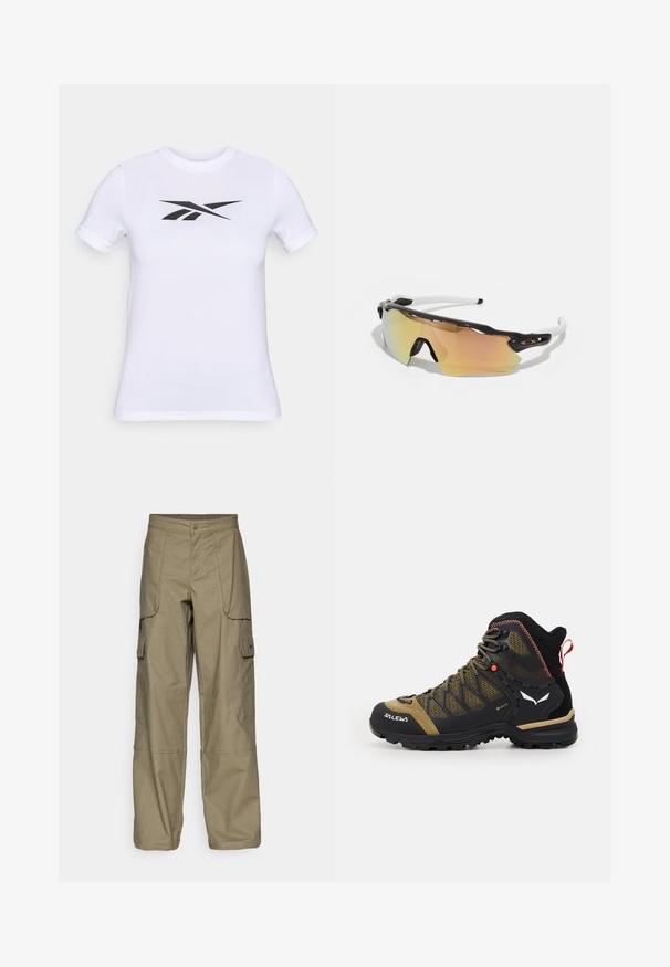 Witte shirt met korte mouwen gemaakt van gladde stof, met een groot zwart logo in het midden. Eenvoudige ronde halslijn.; Olijfgroene cargobroek van stof, met een losse pasvorm, meerdere zijzakken en een knoopsluiting in de taille. Soepele textuur.; Mid-height wandelschoen in zwart en olijfgroen, met een bovenwerk van mesh, rubberen zool en textuurelementen met een achterste trekriem.; Zonnebril met een zwart-wit frame, grote spiegelglazen in gouden en roze tinten, aerodynamisch ontwerp en een verlengd buitenrand.