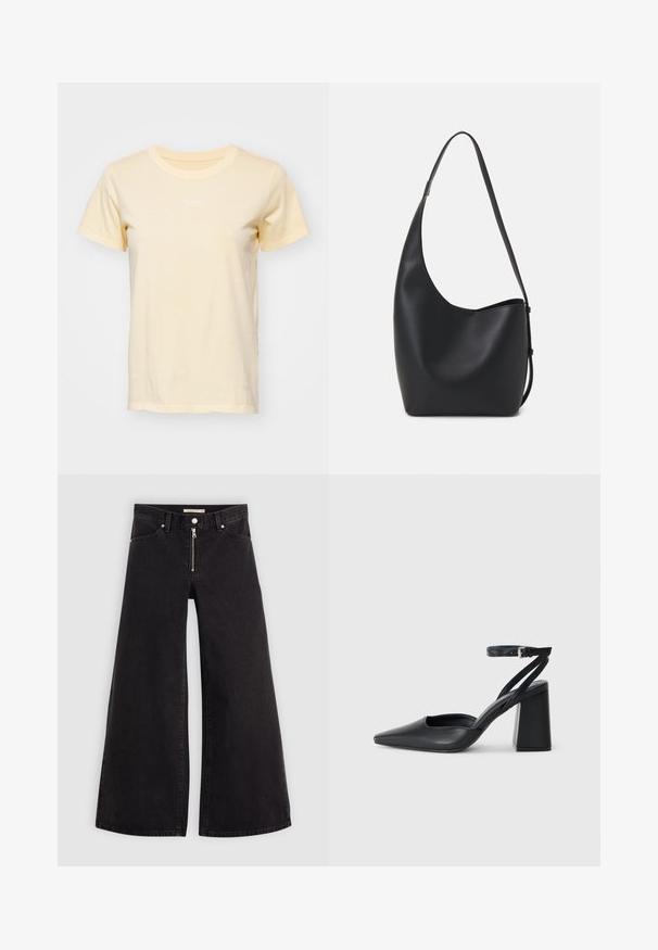 Tričko s krátkym rukávom a okrúhlym výstrihom v jemnej svetložltej látke so subtílnym bielym logom na hrudi. Bežný strih, hladká textura, základný dizajn.; Dlhé nohavice vo voľnom strihu z čierneho denimu so zipsom vpredu, päť vrecúškovým dizajnom a jemnými stehovými detailmi. Hladká textúra a neformálny štýl.; Čierne kožené lodičky s špicatou špičkou a členkovým remienkom, s masívnym podpätkom. Hladký povrch, elegantný dizajn a minimalistická estetika.; Čierna kožená hobo taška so hladkou textúrou, zakriveným tvarom a jedným nastaviteľným popruhom; má široké otvorenie na vrchu.