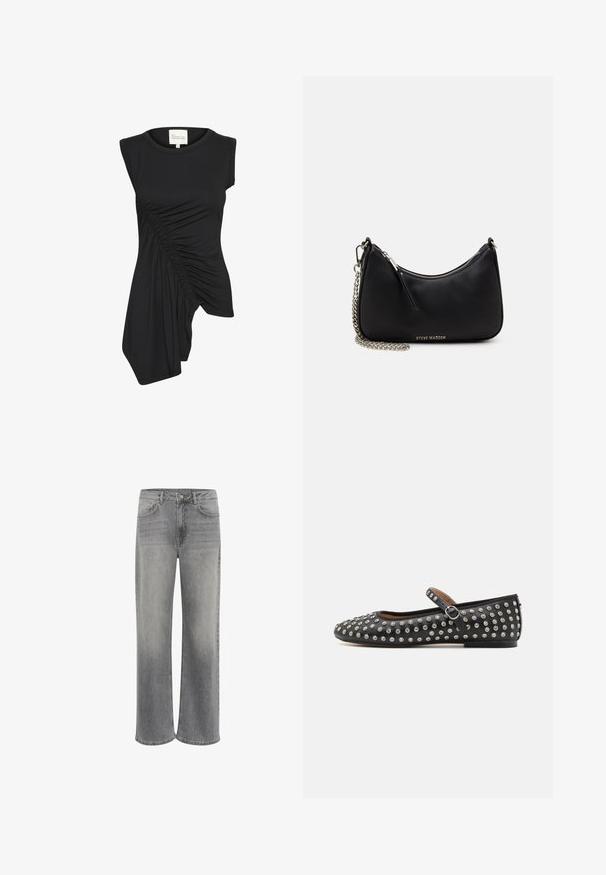 My Essential Wardrobe ALLURA - Top - black; Široké denimové džíny v šedé barvě, s vysokým pasem, pěti kapsami, zapínáním na přední knoflík a jemným vyblednutím látky.; Černé kožené baleríny s kulatou špičkou, vybavené páskem a stříbrnými hroty rovnoměrně rozloženými po horním povrchu.; Černá syntetická kabelka s oblým tvarem, stříbrný řetízkový popruh, zipové zavírání a vyražené logo značky na přední straně. Hladký povrch.