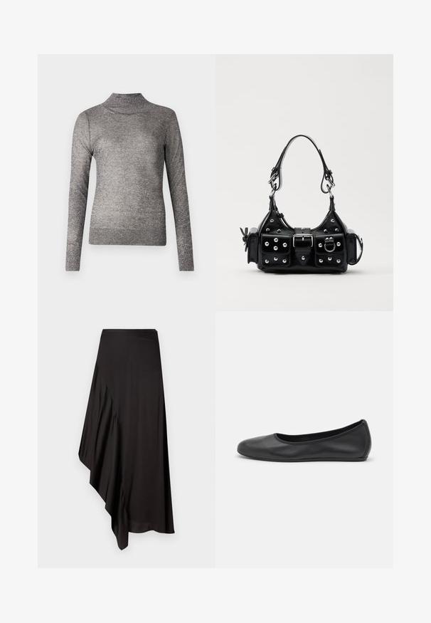 Hall hõbedane turtleneck sviiter, millel on pikad varrukad, valmistatud sädelevast kudumiskangast. Omab sobivat disaini ja soonikkoes kraed.; AERON ASTER SKIRT - Pliiatsseelik - black; Musthave mustika tantsutossud mustast nahast, ümmarguse varbaga, siledast tekstuurist, minimaalse õmblusdetailiga ja paindliku tallakujundusega.; Must värvi nahast käekott, millel on kaarjas disain, hõbedased nupukesed, kinnitusahe ja kaks külgtaskut. Reguleeritav rihm erinevate kandmisvõimaluste jaoks.