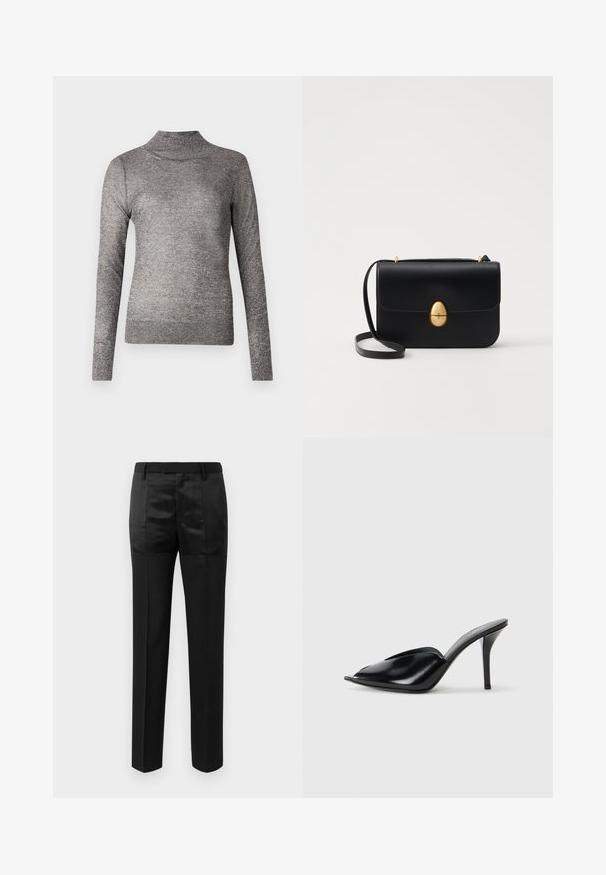 Gray turtleneck sweater with long sleeves, made of a sparkly knit fabric. Features a fitted design and a ribbed collar.; Black tailored trousers with straight legs and a waistband with belt loops, featuring a mix of matte and shiny fabric panels.; Black leather high-heeled mules with an open toe, pointed design, smooth texture, and a slim stiletto heel.; Black leather handbag with a structured rectangular shape. Features a golden oval clasp and a thin shoulder strap. Smooth texture.
