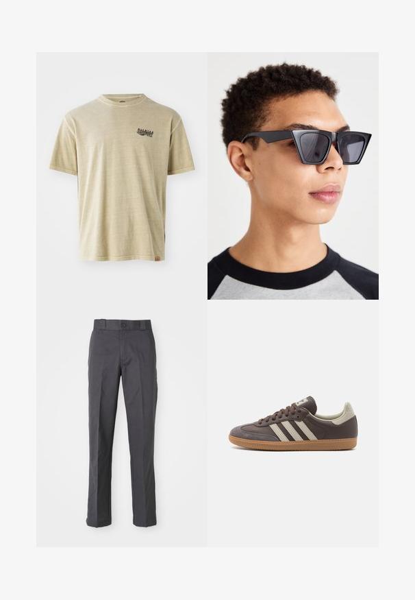 Camiseta de algodón beige con mangas cortas, cuello redondo y una pequeña impresión gráfica negra en la parte superior izquierda del pecho. Etiqueta visible en el lado inferior.; Pantalones oscuros de algodón con un diseño de pierna recta, bolsillos delanteros y un cierre de botón en la cintura.; Zapatilla de cuero marrón con tres rayas de color claro, suela de goma, puntera redondeada y acentos de ante texturizados en el talón y la punta.; Gafas de sol negras angulares con lentes oscuros, que presentan un diseño geométrico audaz y un acabado mate. Llevadas por una persona con cabello corto.