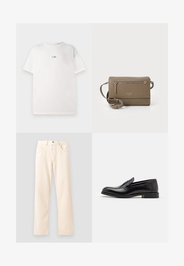 Bala kokvilnas t-krekls ar mazu drukātu birku centrā. Īsām piedurknēm un brīvā piegriezumā ar gludu tekstūru.; Gaiši beidzama denima bikses ar taisnu kāju dizainu, pieciem kabatām un priekšējo pogu aizdari. Šuvju šuvumi redzami garam šuvēm.; Melnas ādas kurpes ar gludu tekstūru, noapaļu purngalu un dekoratīvu siksniņu pāri priekšpusei. Zems sakrauts papēdis, minimālisma dizains.; Taupe krāsas ādas pleca soma ar rāvējslēdzēja priekšējo kabatu, regulējamu siksnu, akmens tekstūru un iegravētu logo priekšpusē.