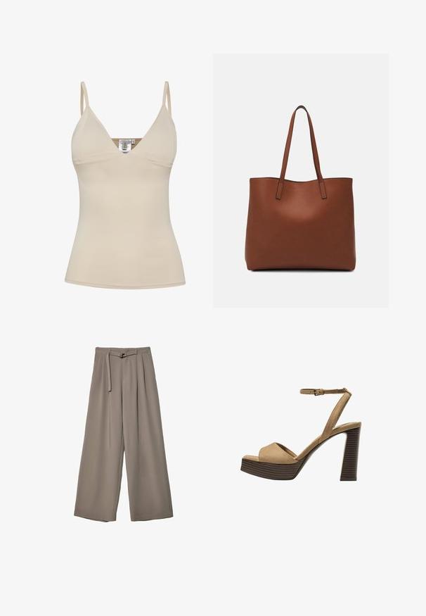 Beige tank top med V-hals design og justerbare spaghetti-stropper. Fremstillet af glat, strækbart stof med en tætsiddende silhuet.; Vide ben bukser i et blødt, afdæmpet grå stof, med en bælte i taljen og plisseringer for ekstra designdetalje. Glat tekstur, ingen mønstre.; Beige ruskinds højhælede sandaler med en bred foranrem og ankelrem, der har en kraftig træblokhæls struktur.; Brun læder tote taske med en glat overflade, åben topdesign og to skulderremme. Har minimal syning og ingen synlig hardware.