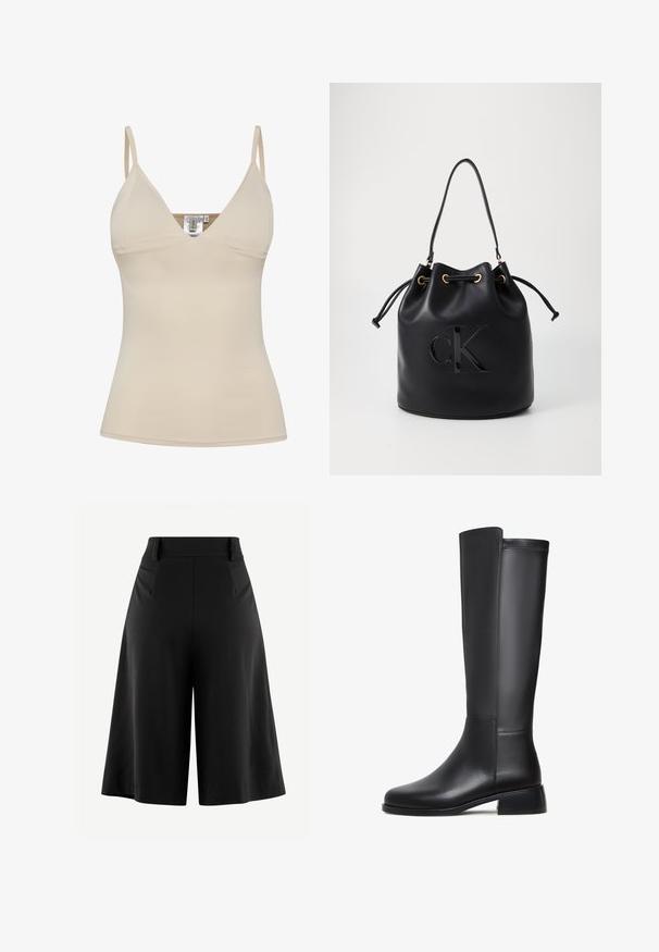 Canottiera beige con scollatura a V e spalline regolabili. Realizzata in tessuto morbido ed elastico con una silhouette aderente.; Pantaloni neri a gamba larga con frontale plissettato, vita alta e tessuto dalla texture liscia. Presentano un design pulito e minimale senza hardware visibile.; Stivale in pelle nera al ginocchio con texture liscia, punta rotonda, tacco basso a blocco e dettagli di cucitura sottile lungo il lato.; Borsa a secchiello in pelle nera con chiusura a cordoncino, caratterizzata da un logo "CK" lucido sulla parte anteriore e dettagli in hardware dorato.