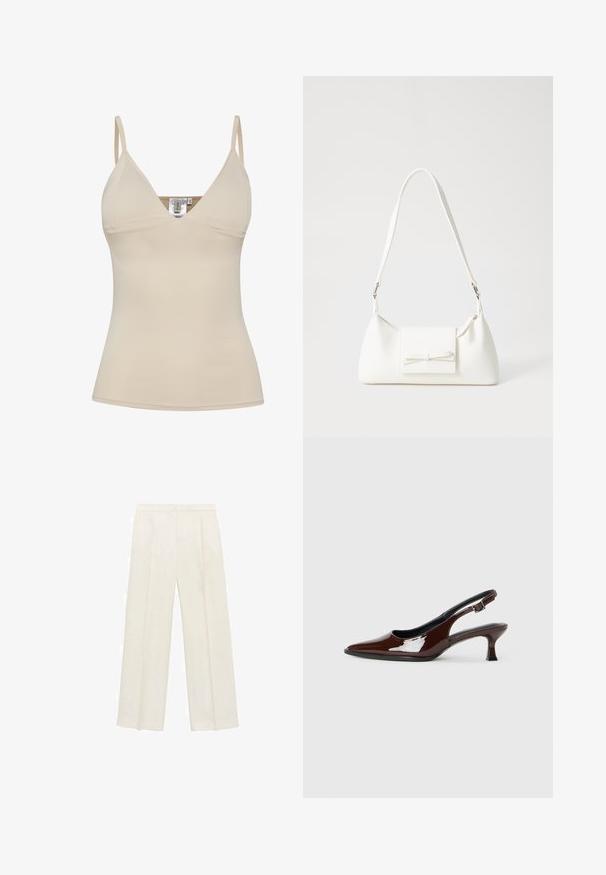 Beige tank top med V-hals design og justerbare spaghetti-stropper. Fremstillet af glat, strækbart stof med en tætsiddende silhuet.; Bredbenede bukser i en lys cremefarve. Fremstillet af et glat stof med plisseringer foran og sidelommer.; Brun patenteret læder slingback sko med spids tå og en moderat hæl. Har en spænde rem for en sikker pasform. Glat tekstur.; Hvid syntetisk håndtaske med en trekantet form, flad forsideklap og sløjfedetalje, justerbar strop, glat tekstur og minimalistisk design.