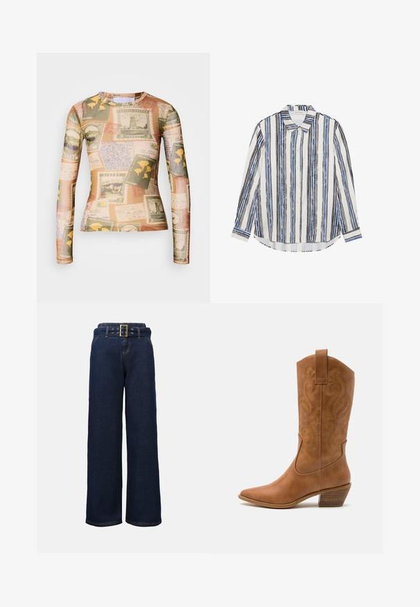Koszula z długim rękawem charakteryzuje się połączeniem vintage'owych znaczków pocztowych oraz ręcznie pisanych notatek w ziemistych odcieniach beżu, zieleni i żółci.; Koszula zapinana na guziki z pionowymi paskami w odcieniach niebieskiego, czarnego i białego. Wykonana z gładkiego materiału, z klasycznym kołnierzykiem i zapięciem na guziki.; Ciemnoniebieskie dżinsowe spodnie szerokie w nogawkach z haftowanymi kieszeniami i pasującym paskiem z dużą prostokątną złotą klamrą.; Brązowe skórzane kowbojki z wyciągniętym nosem, haftowanymi wzorami spiralnymi na cholewie oraz blokowym obcasem. Posiadają pętlę ułatwiającą zakładanie.