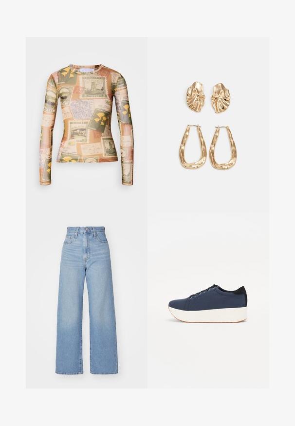 Long-sleeve shirt features a blend of vintage postage stamps and handwritten notes in earthy tones of beige, green, and yellow.; Light blue high-waist wide-leg jeans with front button and zip closure, front and back pockets, on a white background.; Navy blue sneaker with a textured fabric upper, white platform sole, rounded toe, and black heel accent. Features six eyelets for laces.; Gold-tone earrings featuring textured, wavy shapes. Includes sculptural clip-on studs and open hoop design with a hammered finish.