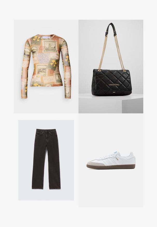 Langærmet skjorte med et miks af vintage frimærker og håndskrevne noter i jordfarver som beige, grøn og gul.; Sorte denimjeans med lige pasform, der har foran lomme, bæltesløjfer og subtile syninger. Fremstillet af holdbart bomuldsstof.; Hvide lædersneakers med grå ruskindsnæse, tre horisontale hvide striber, blå accent og brun gummisål. Tekstureret detalje på sålen.; Sort kviltet læder håndtaske med guld kædeled og logo detaljer. Rektangulær form, glat tekstur, med en klaplukning.