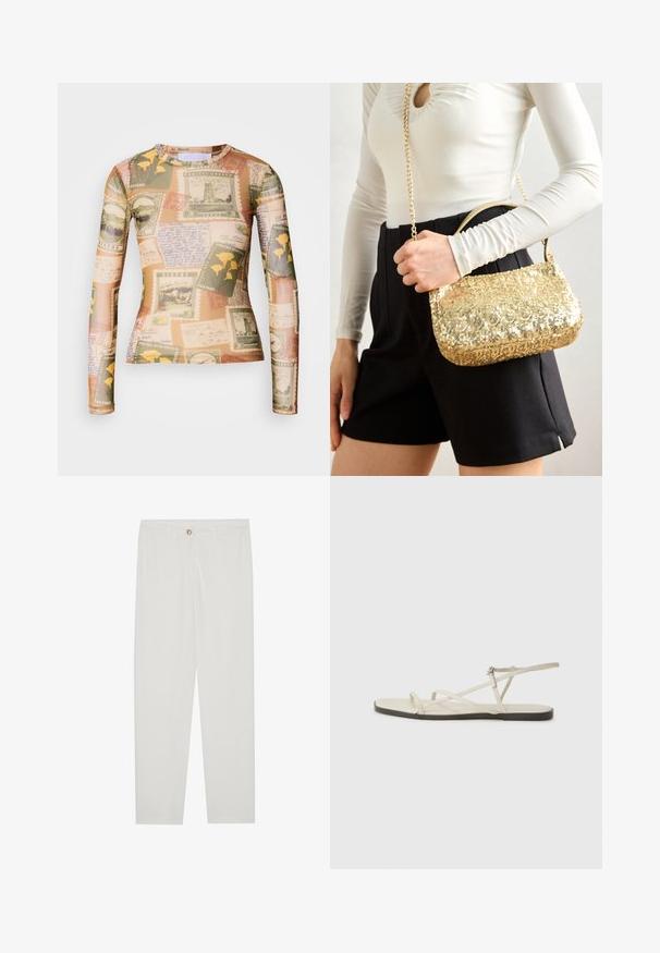 Koszula z długim rękawem charakteryzuje się połączeniem vintage'owych znaczków pocztowych oraz ręcznie pisanych notatek w ziemistych odcieniach beżu, zieleni i żółci.; Białe, dopasowane spodnie z prostymi nogawkami, posiadające zapięcie na guzik, szlufki na pasek oraz kieszenie boczne; gładka tekstura materiału.; Beżowe płaskie sandały z wieloma cienkimi paskami i regulowanym zapięciem. Podeszwa jest płaska z delikatnym ciemnym kontrastem na krawędzi.; Złota torebka z cekinami o prostokątnym kształcie, z krótkim uchwytem i długim łańcuszkiem. Tekstura jest błyszcząca i odbijająca światło.; Złocona bransoletka na nadgarstek o gładkiej, falistej powierzchni, z teksturowanym wnętrzem i otwartym wzornictwem, tworzy organiczny kształt.