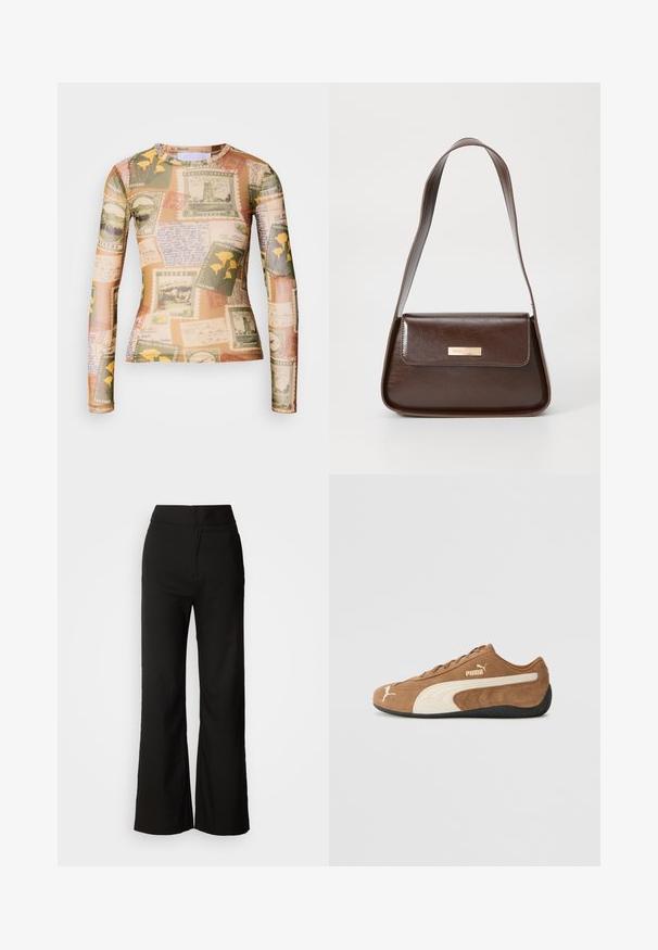 Garā piedurkņu krekls ir izgatavots no vintage pastmarku un roku rakstītu piezīmju apvienojuma, izmantojot zemes toņus - bēšu, zaļu un dzeltenu.; Melni platlegu bikses ar gludu tekstūru, augsto vidukli un tīru dizainu. Nav redzamu kabatu vai rotājumu.; Brūni zamšādas zemi topi sporta apavi ar krēmkrasas akcentiem, teksturētu virsmu, melnu gumijas zoli un izsistu logo sānos un mēlītē.; Brūns ādas plecu soma ar strukturētu formu, kurai ir magnētisks atloks un metāla logo akcents priekšpusē.; Zelta riņķveida auskari ar tekstūru un neregulāru formu. Iekļauj bezšuvju aizdari un pulētu virsmas apdari, uzsverot mūsdienīgu dizainu.