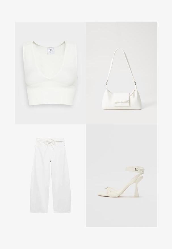 Valkoinen ribattu lyhythihainen crop-top, jossa on syvä V-pääntie ja leveät olkaimet. Tunnus näkyvissä brändin nimellä "BDG" ja koossa "S." Sujuva tekstuuri.; Valkoiset, leveälahkeiset housut, jotka on valmistettu kevyestä kankaasta ja joissa on nyörivö ja kaksi etutaskua sekä yksinkertaisia metallisia yksityiskohtia.; Valkoinen nahkainen strappisaapas, jossa on virtaviivainen muotoilu, läpinäkyvä lohko-osa ja koristeellinen elementti varpaassa.; Valkoinen synteettinen käsilaukku, jossa on kolmikulmainen muoto, tasainen etu läppä ja nauhadetail, säädettävä olkahihna, sileä rakenne ja minimalinen muotoilu.