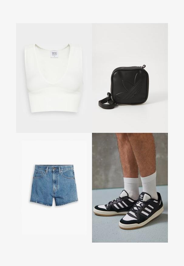 Valkoinen ribattu lyhythihainen crop-top, jossa on syvä V-pääntie ja leveät olkaimet. Tunnus näkyvissä brändin nimellä "BDG" ja koossa "S." Sujuva tekstuuri.; Vaaleansiniset farkkushortsit, joissa on viisi taskua, vetoketjukiinnitys ja nappisulku. Helmassa on revitty viimeistely ja rento istuvuus.; Valkoiset ja mustat tennarit, joissa on mokkanahka- ja nahkapäällinen, kolme valkoista raitaa, rei'itetty kärki ja kumipohja.; Mustikka neliö muotoinen olkalaukku, joka on valmistettu teksturoidusta synteettisestä materiaalista. Varustettu kohotetulla logolla ja säädettävällä hihnalla. Vetoketjukiinnitys.