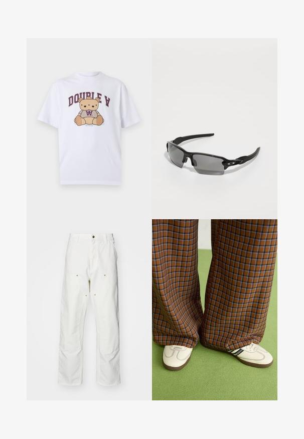 Bela kratka majica s kratkimi rokavi, ki prikazuje grafiko sedeče medvedke v bež srajci, z napisom "DOUBLE V" v temno rdeči barvi nad sliko.; Bela bombažna cargo hlače z udobnim krojem. Značilnosti vključujejo sprednje žepe, zlato poudarjeno kovinsko opremo in ojačane kolenske dele.; Rjave in modre kariraste hlače širokih nogavic, v kombinaciji z belimi čevlji, ki imajo črne poudarke in teksturirane podplate, na zeleni podlagi.; Črne športne sončne očala z sivimi lečami, zasnovo ukrivljenega okvirja in podrobnostmi logotipa na strani. Narejena iz lahkega plastičnega materiala.