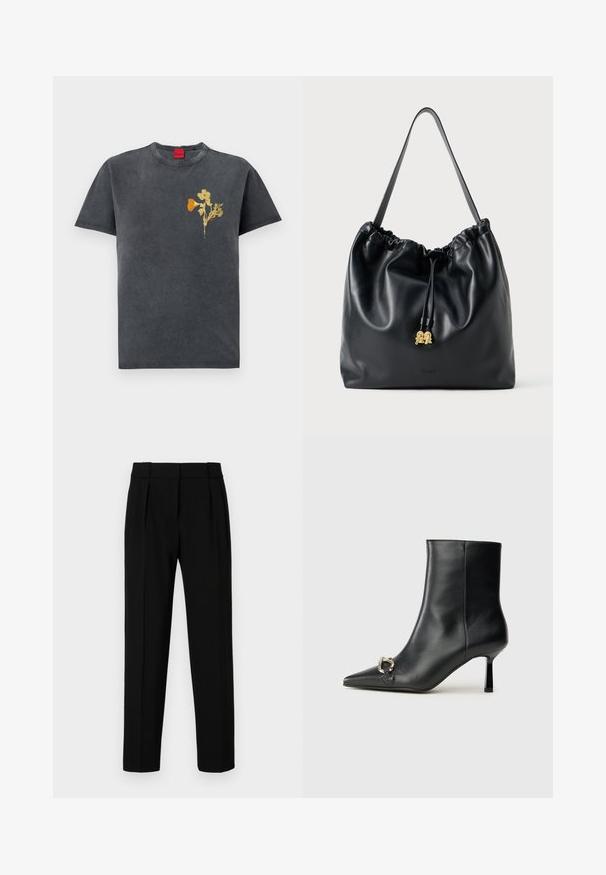 Hallux hallitusest puuvillane T-särk, ümar kaelus, lühikesed varrukad, millel on vasakul küljel kollane ja oranž lillemuster.; Mustad sobranikud, sirge lõikega, volditud esiosa, läikiv kangas ja keskmise suurusega vöökoht. Ei ole nähtavaid taskuid ega metalldetailide. ; Must mustanvärvi nahast pahklinetopp, millel on terav nina, peen keskmise kõrgusega konts ja hõbedane keha detail külgedel, taustal lihtne taust.; Mustmust nahkakanas, millel on sile tekstuur, kokku tõmmatud ülemine osa ja tagasihoidlik kuldne riistvara. Sisaldab ühte tugevat rihma ja reljeefset logo.