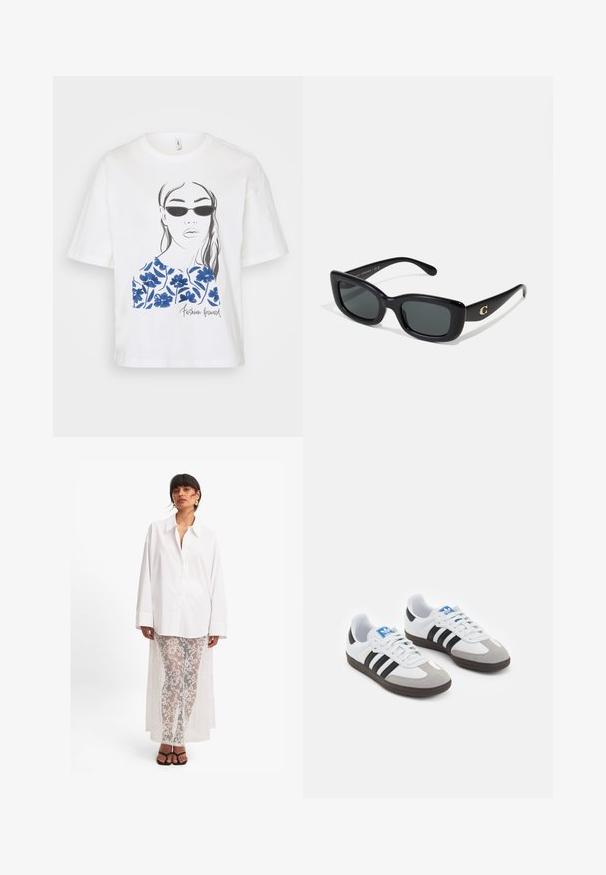 Vit T-shirt med en svart linjeteckning av en kvinna med solglasögon, prydd med blåa blommönster och texten "Fashion Forward".; Vit skjorta med knappar och långa ärmar, matchad med genomskinliga vita spetsbyxor med blommönster och en lång baksida. Svarta sandaler.; Sportskor med överdel i vit läder, grå mocka på tårna och tre svarta ränder. Har en blå logotyp på tungan och en texturerad gummisula.; Svarta rektangulära solglasögon med mörka linser, tillverkade av slät plast. Har ett guldlogotypaccent på ena skalmen.; Brun läder resväska med dragkedjestängning, dubbla handtag, justerbar axelrem och synliga texturmönster på ytan.