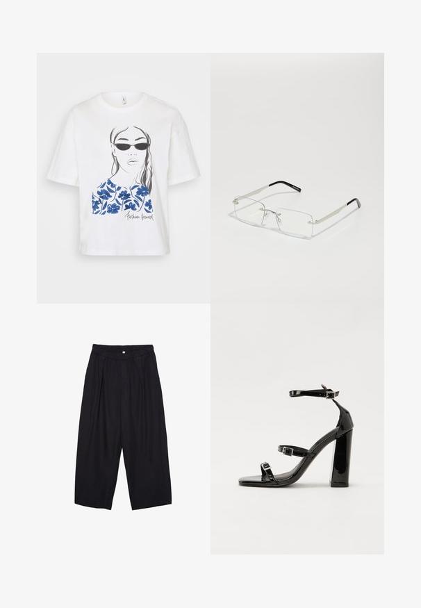 Bílé tričko s černým liniovým nákresem ženy ve slunečních brýlích, zdobené modrými květinovými motivy a textem "Fashion Forward".; Černé polyesterové culotte kalhoty s elastickým pasem, dvěma předními sklady a volným siluetou. Žádné viditelné vzory ani kovové detaily.; Černé lakované sandály na podpatku se čtveratou špičkou, lýtkovými pásky a stříbrnými přezkami. Disponují masivním blokovým podpatkem pro stabilitu.; Obdélníkové brýle s průhlednými skly, s tenkým stříbrným kovovým rámečkem a černými acetátovými koncovkami. Obsahují minimální komponenty pro elegantní design.; Černá kožená kabelka s křivkovým tvarem, odnímatelným popruhem a zlatými detaily. Kabelka má klopu s přezkou.