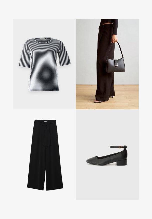 Raidallinen t-paita, jossa on tummansinisiä ja valkoisia vaaka-raitoja, pyöreä kaula-aukko ja lyhyet hihat, valmistettu pehmeästä puuvillasekoitekankaasta.; Mustat leveät housut, joissa on teksturoitu kangas, joustava vyötärö ja irrotettava nauha vyötäröllä säädettävää istuvuutta varten.; Mustat nahkakengät, joissa on terävä kärki ja matala lohkare korko. Varustettu nilkkahihnalla, jossa on kultasävyinen solki. Lisää sileä pinta.; Musta käsilaukku, jossa on rakenteellinen muoto, sileä pinta ja metallinen solki. Yhdistetty leveisiin mustiin housuihin ja avonaiheisiin sandaaleihin puulattialla.