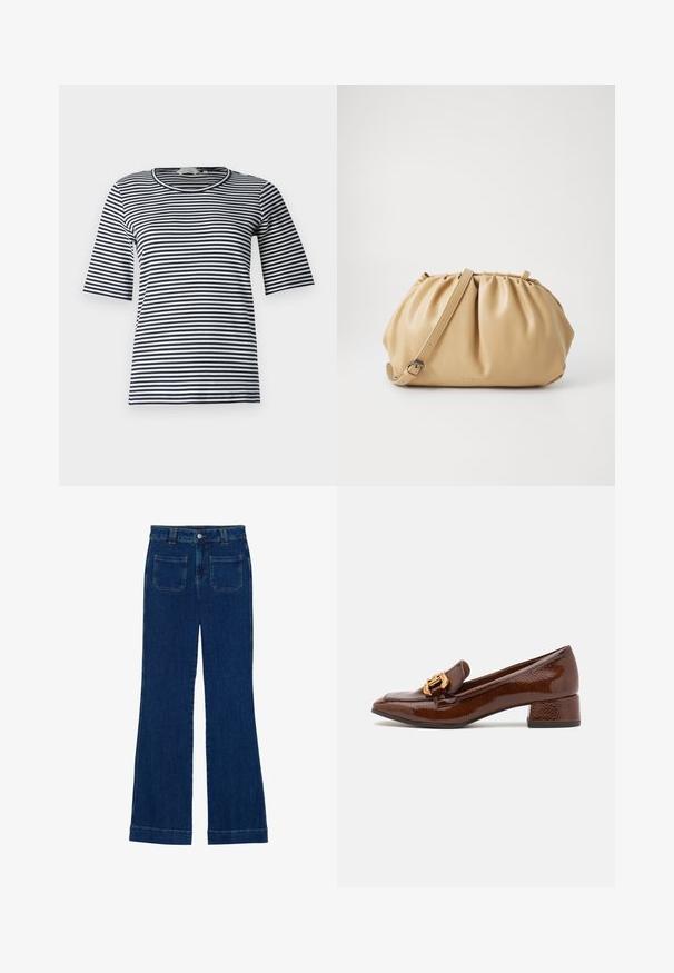 Juostuota marškinėliai su tamsiai mėlynomis ir baltomis horizontaliomis juostelėmis, apvaliu kaklu ir trumpomis rankovėmis, pagaminti iš švelnaus medvilnės mišinio.; Tamsiai mėlynos džinsinės flared kelnės su lygiu paviršiumi, penkių kišenių dizainu ir mygtuko uždarymu ties juosmeniu.; Rudos odinės loafer'iai su blizgiu paviršiumi, dėlionis auksinis užsegimas priekyje ir žemas blokinis kulnas. Klasikinis dizainas.; Rudos odos rankinė su raukšlėta forma, reguliuojama dirželiu ir apvalia forma. Minimalistinė ženklinimo detalė priekyje.