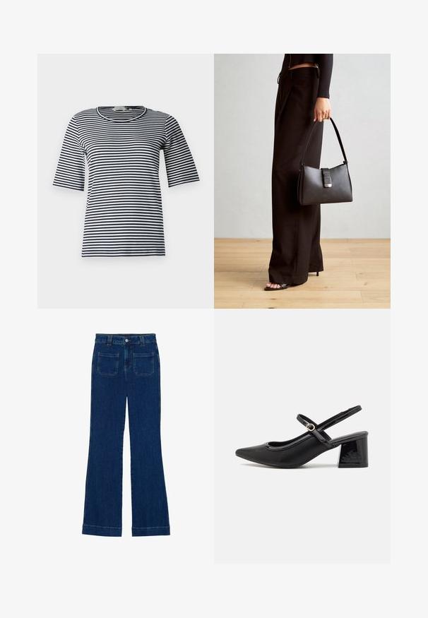 Pruhované tričko s námornícko-modrými a bielymi horizontálnymi pruhmi, okrúhlym výstrihom a krátkymi rukávmi, vyrobené z jemnej bavlnenej zmesi.; Džínsy s rozšírenými nohavicami v tmavo modrej farbe s hladkou textúrou, dizajnom s piatimi vreckami a gombíkovým zapínaním v oblasti pása.; Čierne lakované kožené lodičky so slingback dizajnom, špicatou špičkou, zaobleným výrezom a blokovým podpätkom. Obsahuje akcent zlatého tónu s prackou.; Čierna kabelka so štruktúrovaným tvarom, hladkou textúrou a kovovou sponou. V kombinácii so širokými čiernymi nohavicami a sandálmi s otvorenou špičkou na drevenej podlahe.