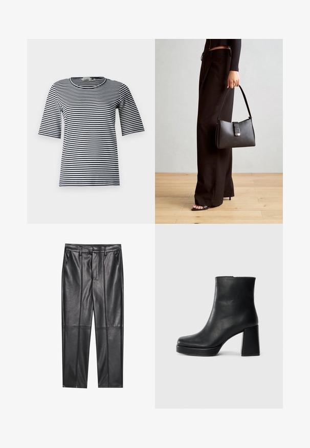 Ribaga T-särk, millel on tumesinised ja valged horisontaalsed triibud, ümmargune kaelaava ja lühikesed varrukad, valmistatud pehmest puuvillasegusest kangast.; Mustad nahkpüksid sileda tekstuuriga, sirge lõikega, kahe eesmine taskuga ja nähtavate õmblusteta.; Must musta ankle boot, milleplokk-konts ja platvormi tallaga, vaadatud küljelt ühetoonilise valge tausta peal.; Must musta kott, millel on struktureeritud kuju, sile tekstuur ja metallist klamber. Kombineeritud laiate mustade pükstega ja avatud varvaste sandaalidega puidust põrandal.