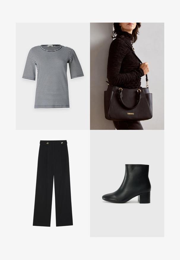 Csíkos póló, amely tengerészkék és fehér vízszintes csíkokkal rendelkezik, kerek nyakkal és rövid ujjakkal, puha pamut keverék anyagból készült.; Fekete, bő szárú nadrág magas derékkal, gombos részletekkel a derékrészen és elülső pliszékkal.; Fekete bőr bokacsizma hegyes orral és vastag sarokkal. Sima felület minimális díszítéssel és karcsú, passzos kialakítással.; Fekete kézitáska texturált felülettel, dupla felső fogantyúval és állítható vállpánttal. Arany színű fém kiegészítők és oldalsó zsebek találhatók rajta.
