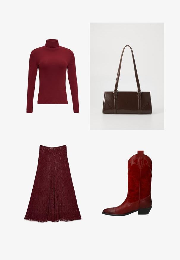 Burgunderfarbener Langarmrollkragen aus weichem Baumwollstoff mit einer figurbetonten Silhouette und einer dezenten Rippstruktur am Kragen.; Lange burgunderfarbene Spitzenrock mit A-Linie und halbtransparentem Blumenmuster.; Rote Cowboy-Stiefel aus einer Kombination von glattem Leder und strukturiertem Wildleder, mit dekorativen Nähten und einem niedrigen Absatz.; Braune Lackleder-Handtasche in rechteckiger Form, mit zwei langen Griffen und subtilen, geschwungenen Akzenten auf der Vorderseite.